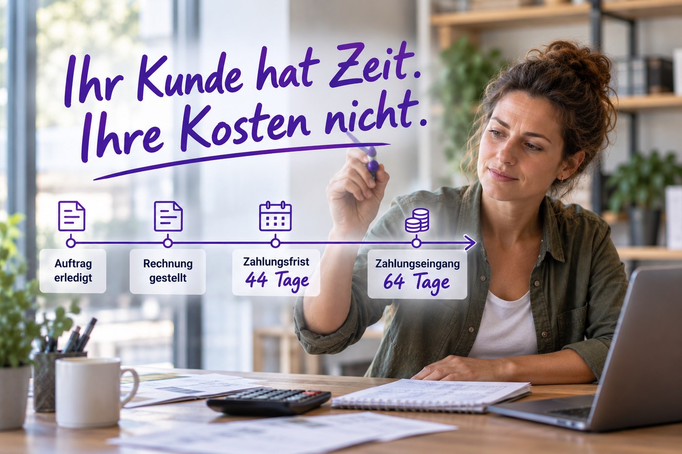 Unternehmerin schreibt am Glas «Ihr Kunde hat Zeit. Ihre Kosten nicht.» – daneben eine Zeitleiste von Auftrag über Rechnung und Zahlungsfrist (44 Tage) bis zum Zahlungseingang (64 Tage)