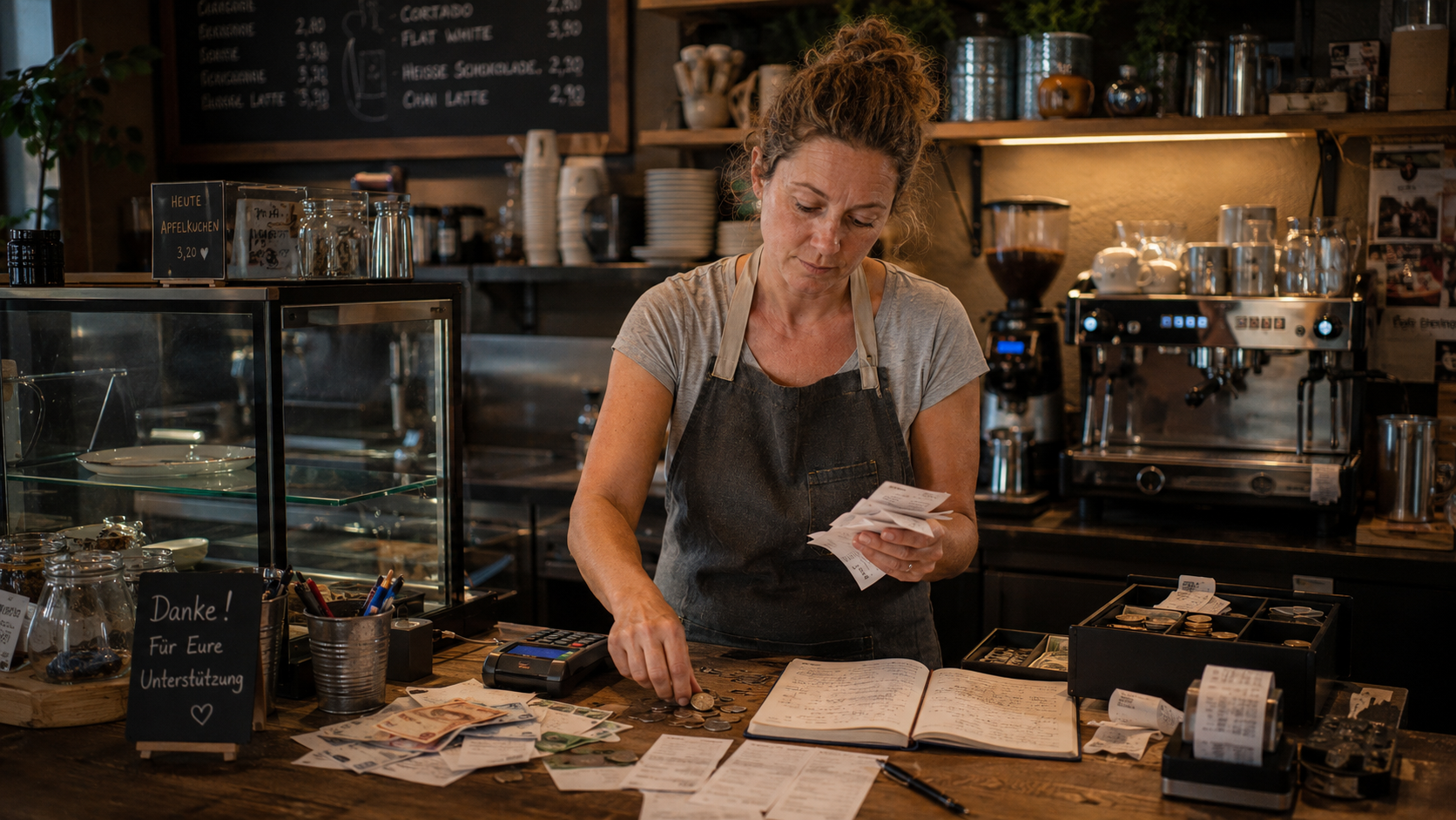 Selbstständige Café-Inhaberin zählt Einnahmen und prüft Belege an der Kasse