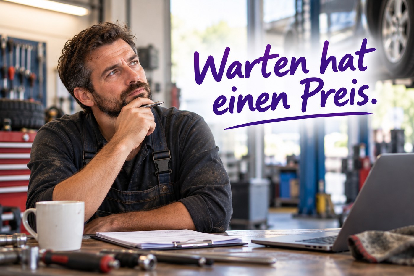 Nachdenklicher Handwerker in seiner Werkstatt, das Kinn auf die Hand gestützt, mit dem handschriftlichen Spruch «Warten hat einen Preis.»